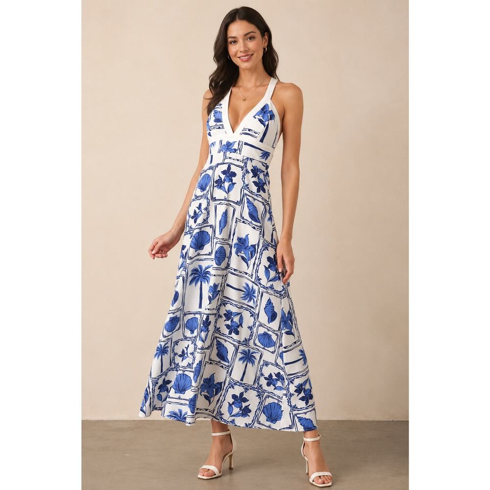MINKPINK White Blue Patchwork Sylvie Midi Dress Beach Print Medium Coastal Boho